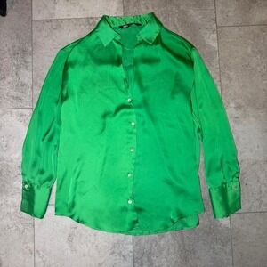 Zara Green Satin Effect Button Up Blouse Long Sleeve Shirt XS